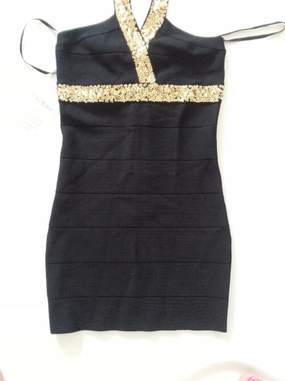 New bebe black gold sequin zip halter Bodycon bandage top dress - Picture 3 of 4